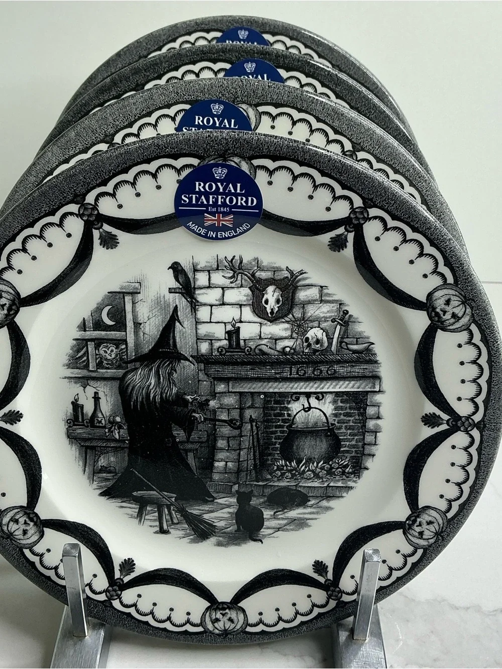 4 Royal Stafford Salad Plates HALLOWEEN HOME 8in Ceramic Spooky Boo New